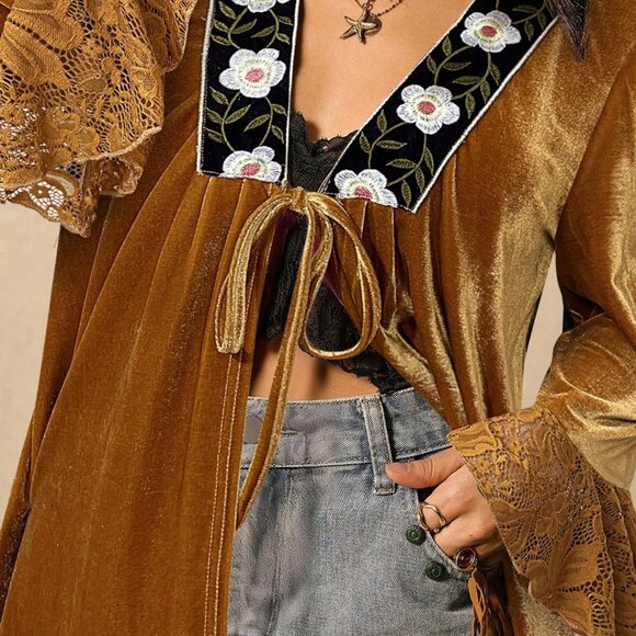 Yellow Boho Women's V-Neck Rose Lace Patchwork Jacket - Picture 7 of 7